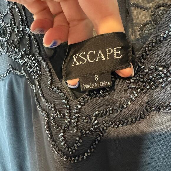 NWT Xscape Evenings Beaded Short Sleeve Ruched Gown Navy Blue 8 Formal Wedding - Picture 9 of 13